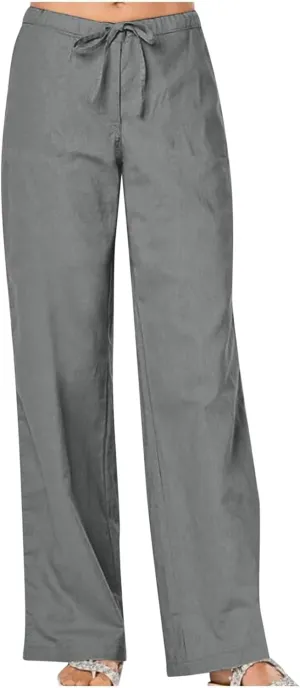 Linen Pants Women Lightweight Wide Leg Pants Loose Fit Drawstring High Waist Straight Trousers with Pockets Summer