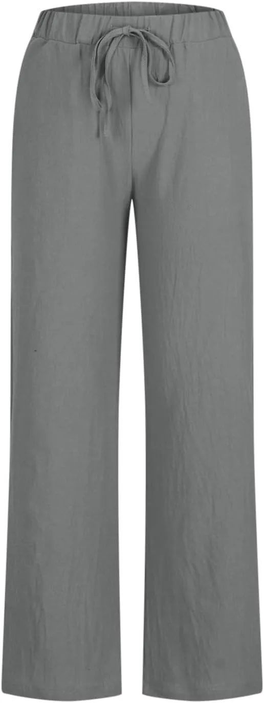 Linen Pants Women Lightweight Wide Leg Pants Loose Fit Drawstring High Waist Straight Trousers with Pockets Summer