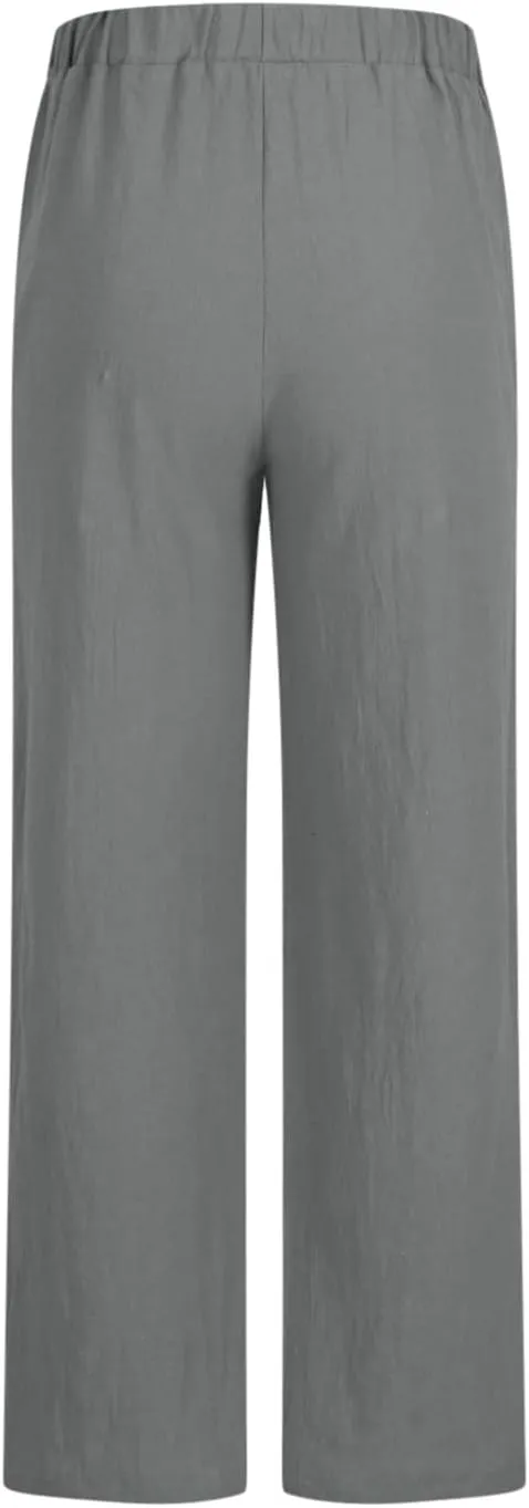 Linen Pants Women Lightweight Wide Leg Pants Loose Fit Drawstring High Waist Straight Trousers with Pockets Summer