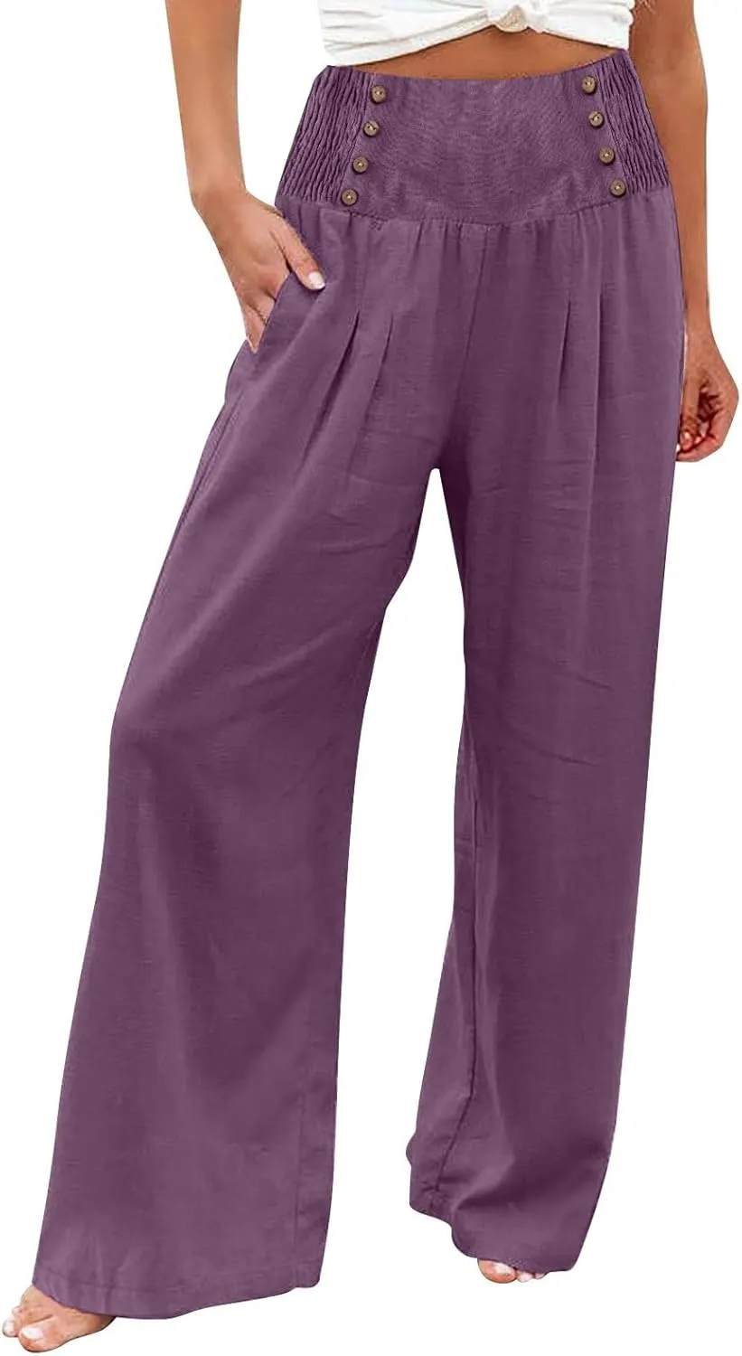 Linen Pants Women Petite Linen Blend Pants for Women High Waisted Wide Leg Striped Drawstring Beach Pants Pockets