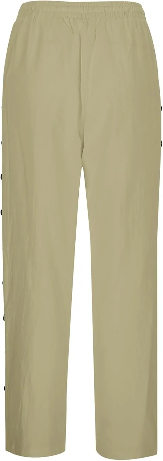 Linen Pants Women Side Button 2025 Summer Trendy Vacation Elastic Waist Straight Leg Capris Casual Cropped Trousers