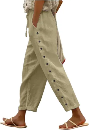 Linen Pants Women Side Button 2025 Summer Trendy Vacation Elastic Waist Straight Leg Capris Casual Cropped Trousers