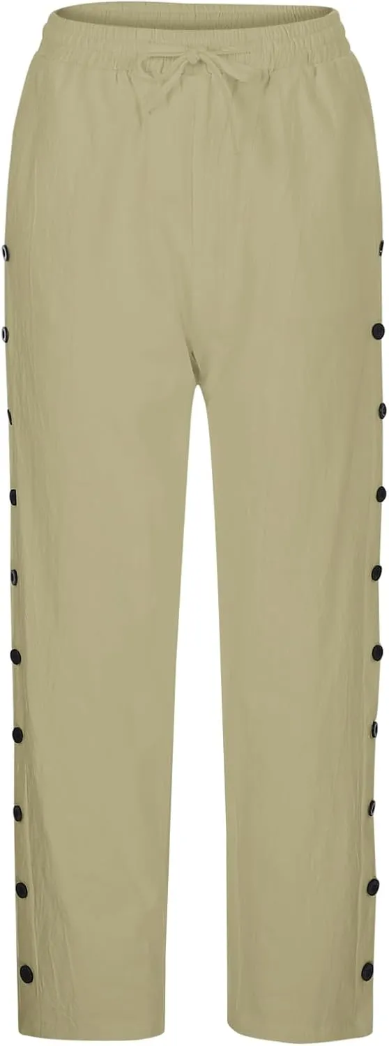 Linen Pants Women Side Button 2025 Summer Trendy Vacation Elastic Waist Straight Leg Capris Casual Cropped Trousers
