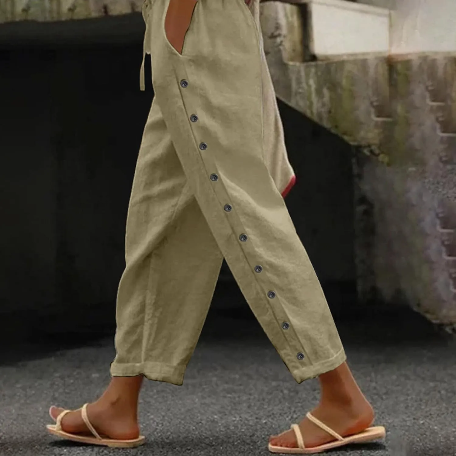 Linen Pants Women Side Button 2025 Summer Trendy Vacation Elastic Waist Straight Leg Capris Casual Cropped Trousers