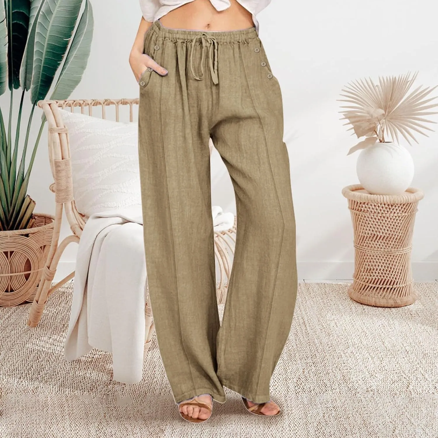 Linen Summer Pants for Women 2025 Trendy Casual High Waist Palazzo Drawstring Trousers Lounge Loose Pants