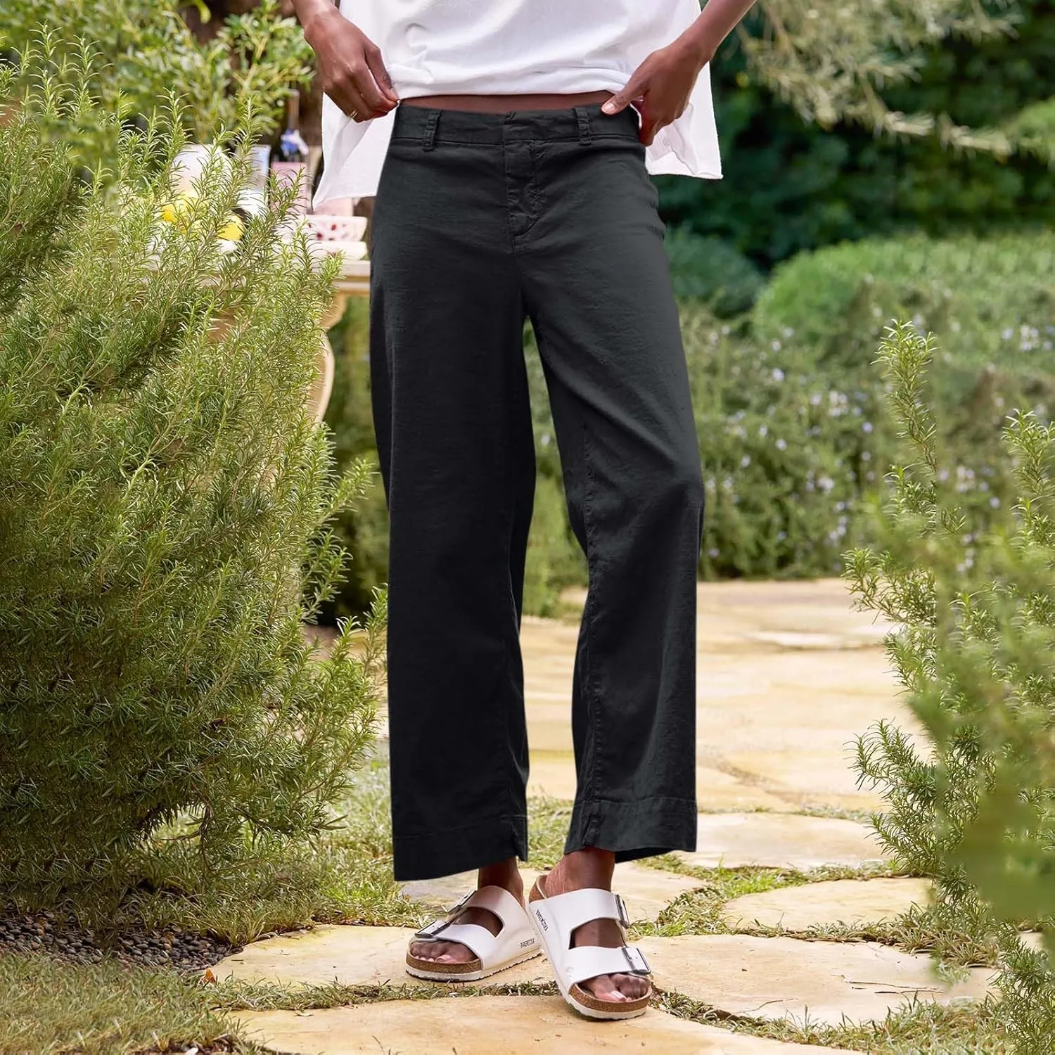 Linen Wide Leg Pants for Women Elastic High Waisted Crop Palazzo Pants Summer Business Casual Work Slacks with Pocket