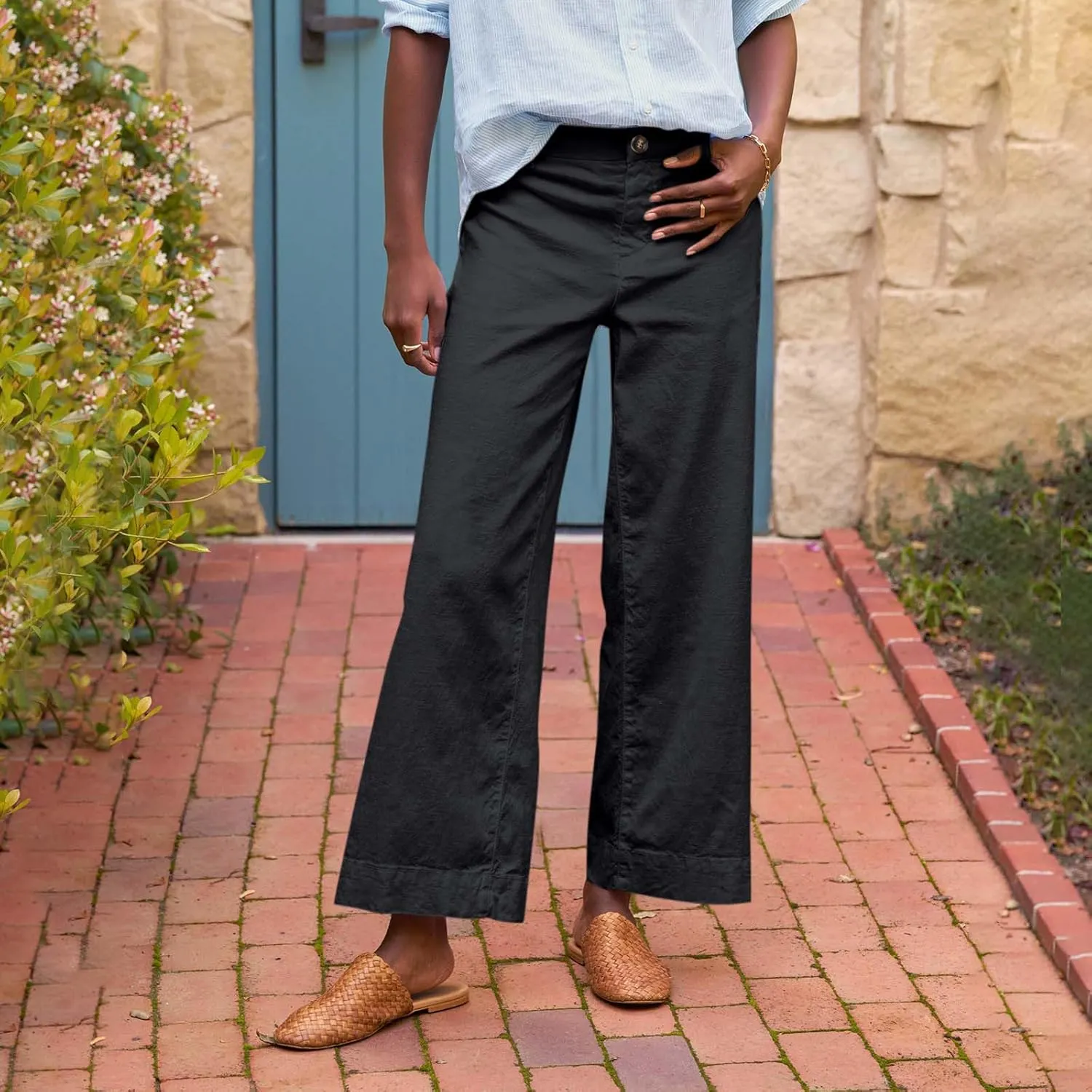 Linen Wide Leg Pants for Women Elastic High Waisted Crop Palazzo Pants Summer Business Casual Work Slacks with Pocket