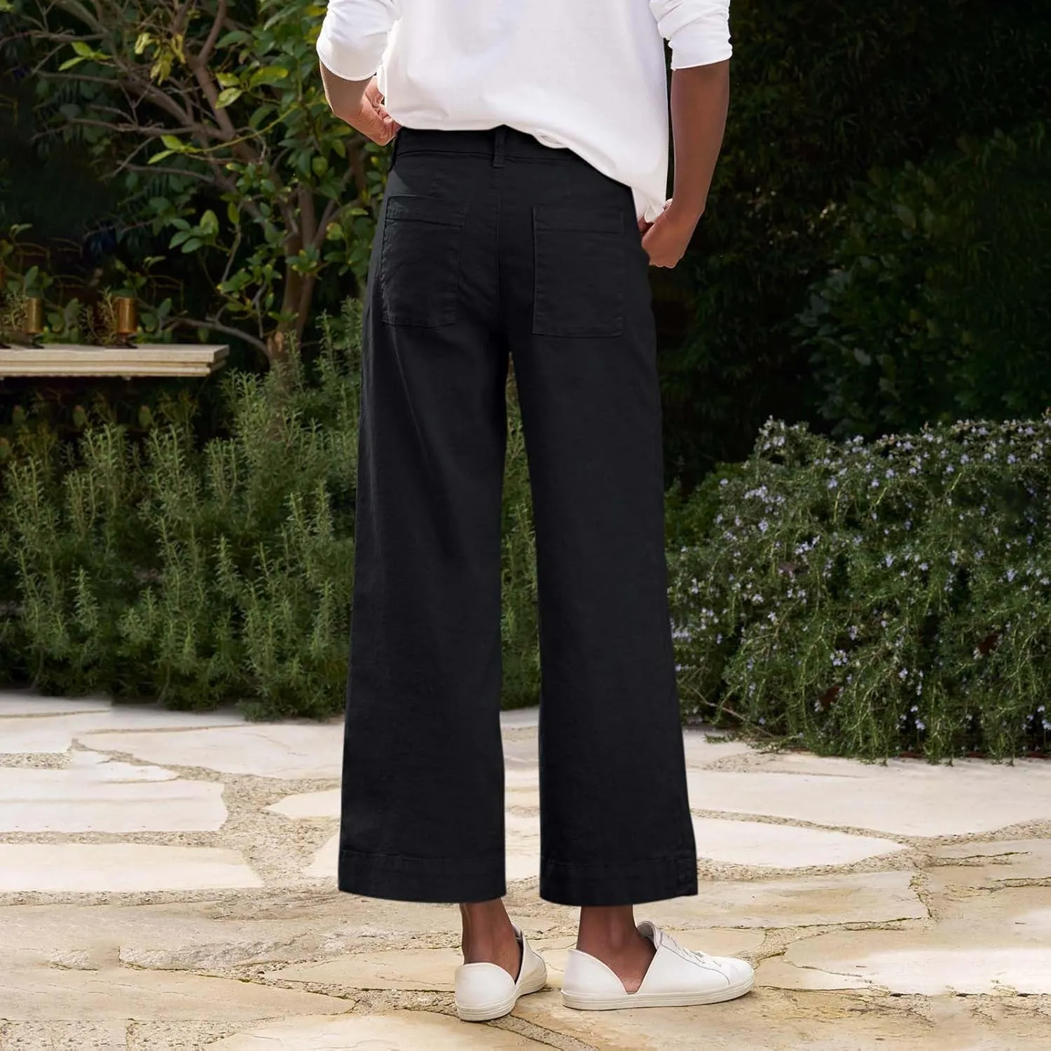 Linen Wide Leg Pants for Women Elastic High Waisted Crop Palazzo Pants Summer Business Casual Work Slacks with Pocket