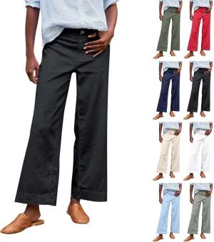 Linen Wide Leg Pants for Women Elastic High Waisted Crop Palazzo Pants Summer Business Casual Work Slacks with Pocket