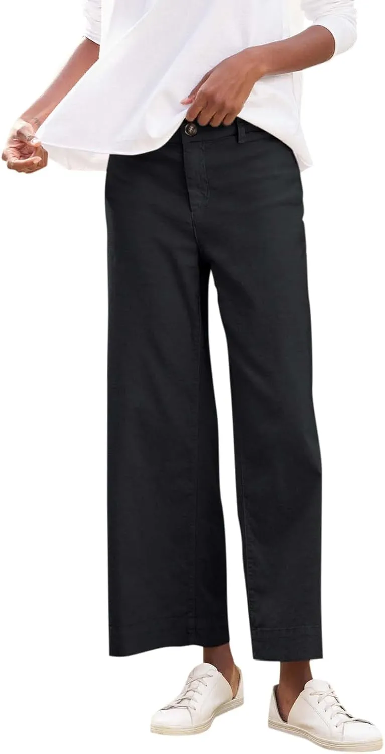 Linen Wide Leg Pants for Women Elastic High Waisted Crop Palazzo Pants Summer Business Casual Work Slacks with Pocket