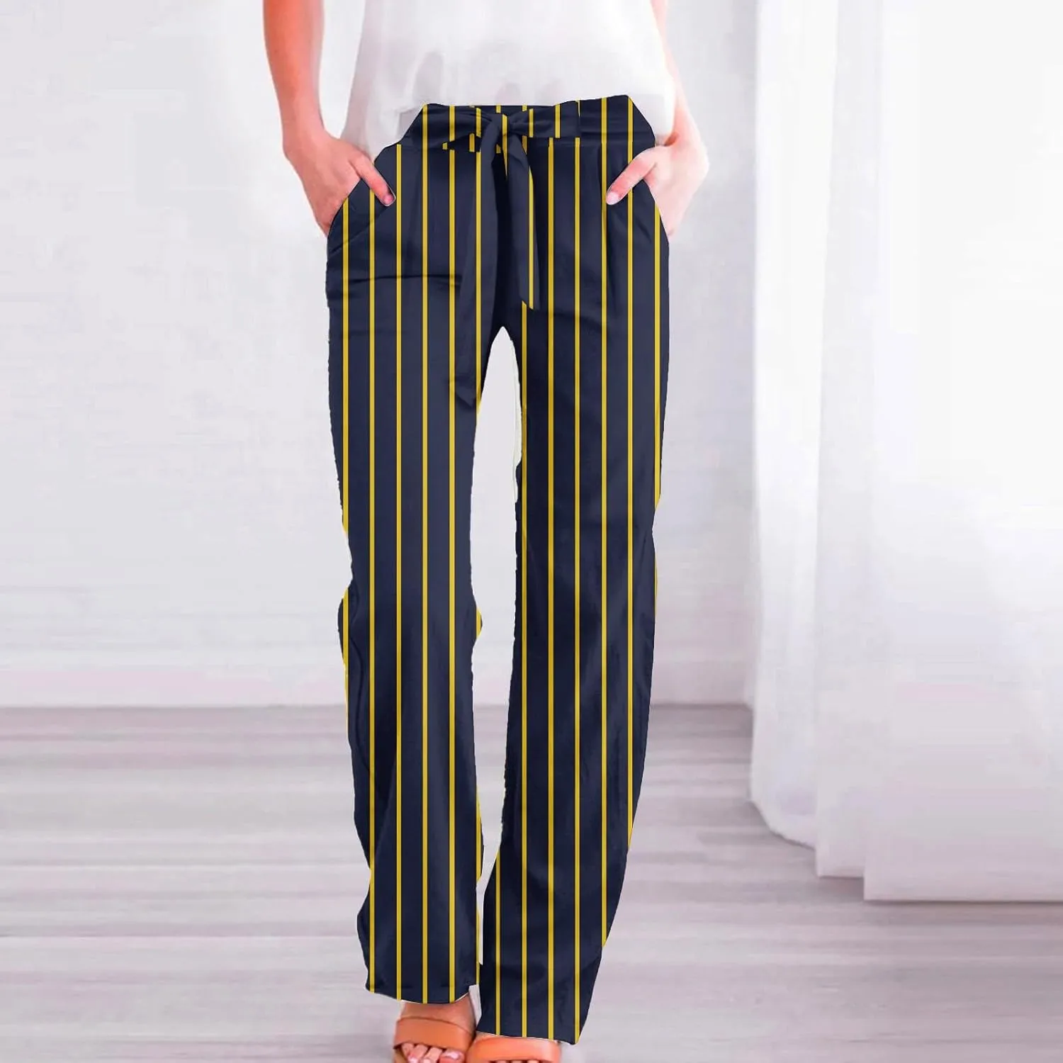 Linen Wide Leg Pants for Women High Waisted Adjustable Tie Knot Work Loose Flowy Beach Long Trousers with Pockets