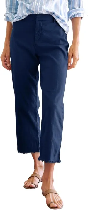 Linen Wide Leg Pants Women Cropped High Waisted Raw Hem Capri Pants Summer Business Casual Work Pants with Pockets