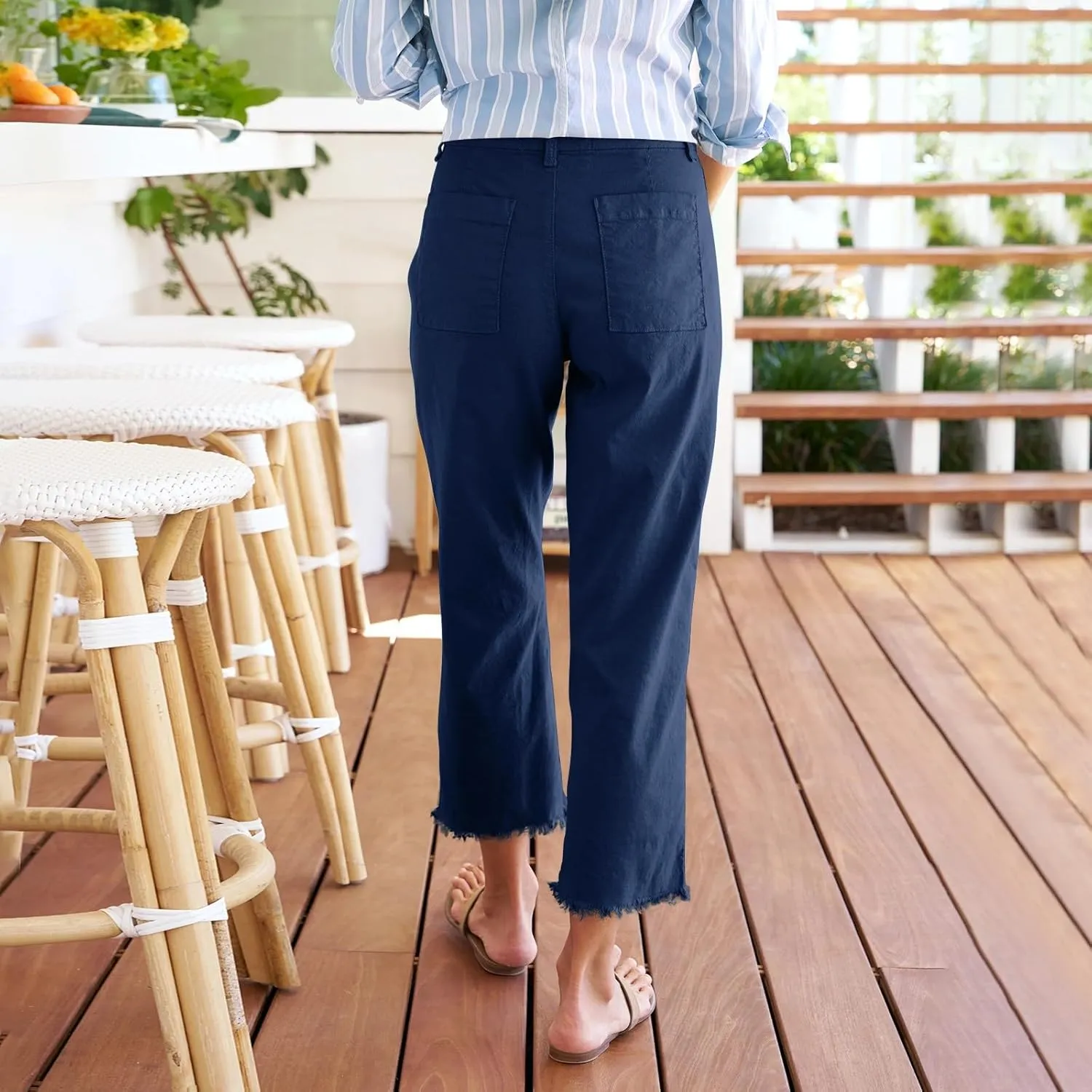 Linen Wide Leg Pants Women Cropped High Waisted Raw Hem Capri Pants Summer Business Casual Work Pants with Pockets