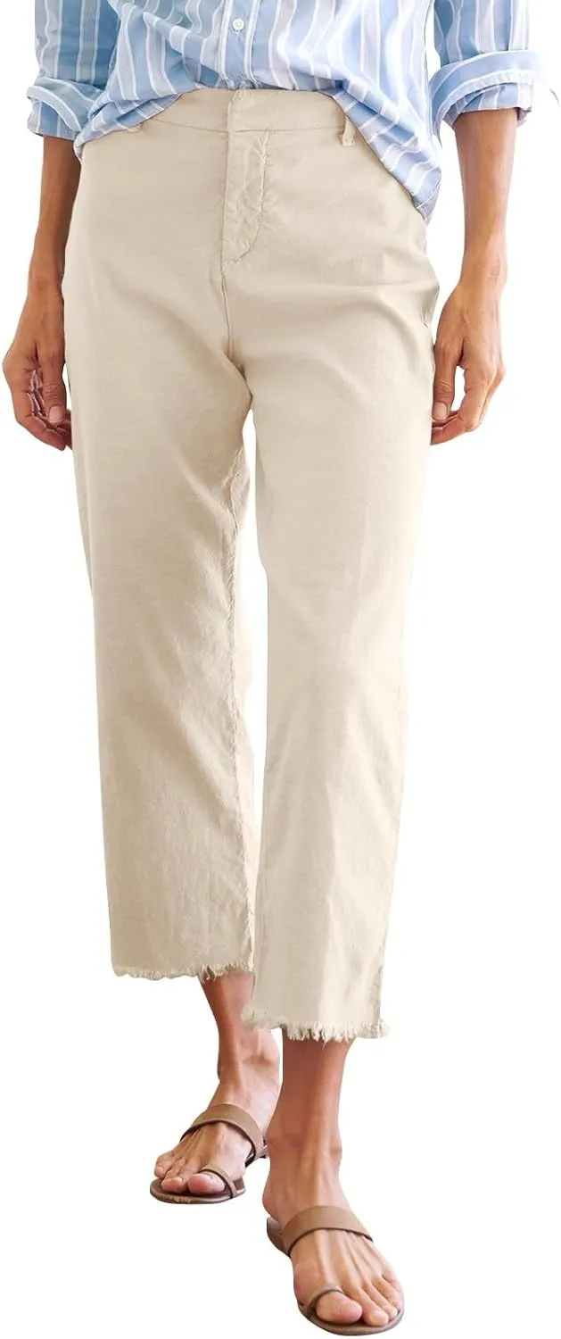 Linen Wide Leg Pants Women Cropped High Waisted Raw Hem Capri Pants Summer Business Casual Work Pants with Pockets
