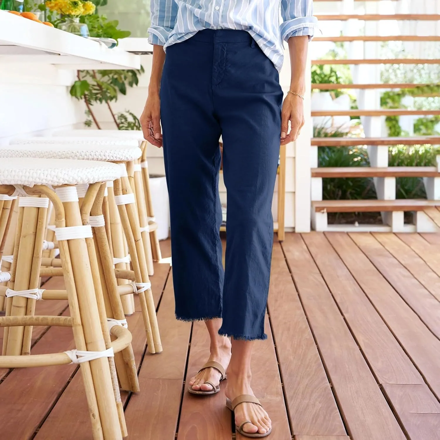 Linen Wide Leg Pants Women Cropped High Waisted Raw Hem Capri Pants Summer Business Casual Work Pants with Pockets