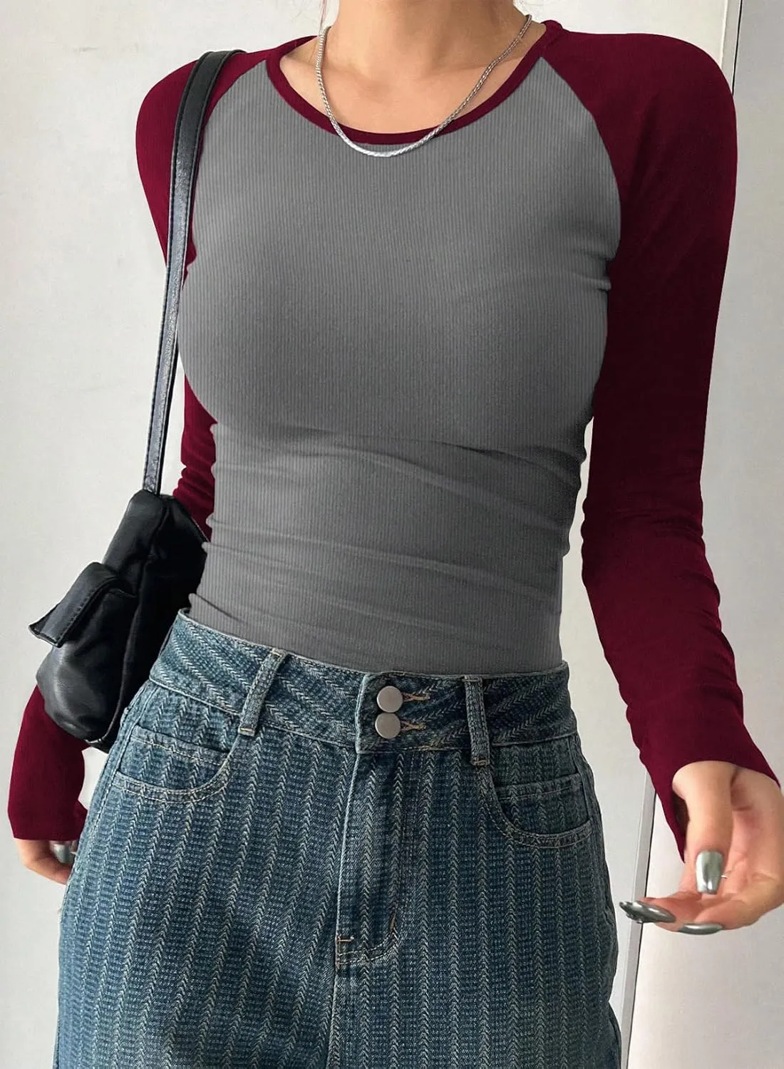 LOLONG Womens Long Sleeve Crewneck Color Block Shirts 2024 Basic Casual Fitted Tee Ribbed Knit Slim Tops