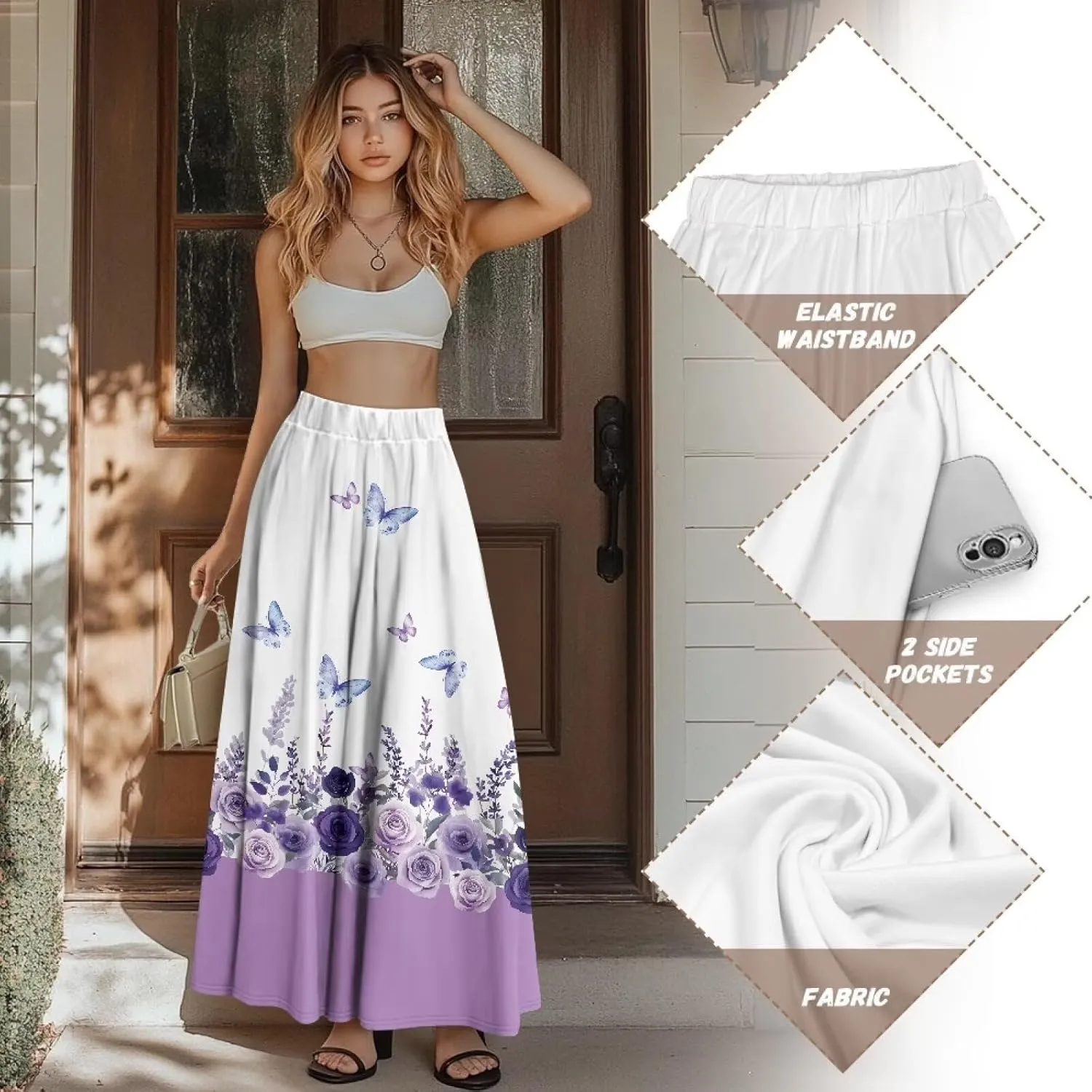 Long Maxi Skirt for Women Long Length High-Waist Midi Skirts with Pockets A-line Pleated Flare Skort Summer Clothes