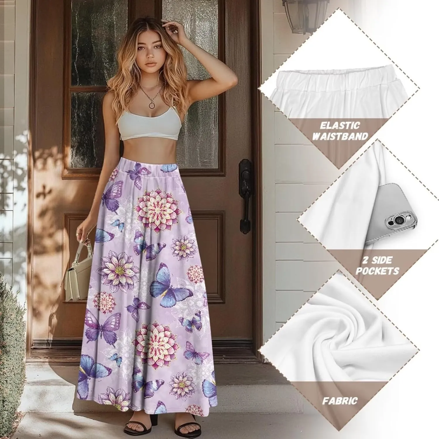 Long Maxi Skirt for Women Long Length High-Waist Midi Skirts with Pockets A-line Pleated Flare Skort Summer Clothes