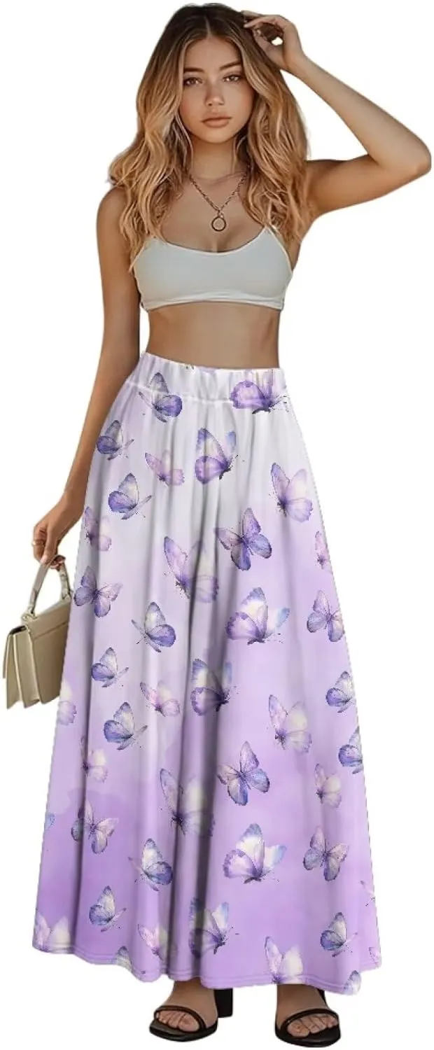Long Maxi Skirt for Women Long Length High-Waist Midi Skirts with Pockets A-line Pleated Flare Skort Summer Clothes