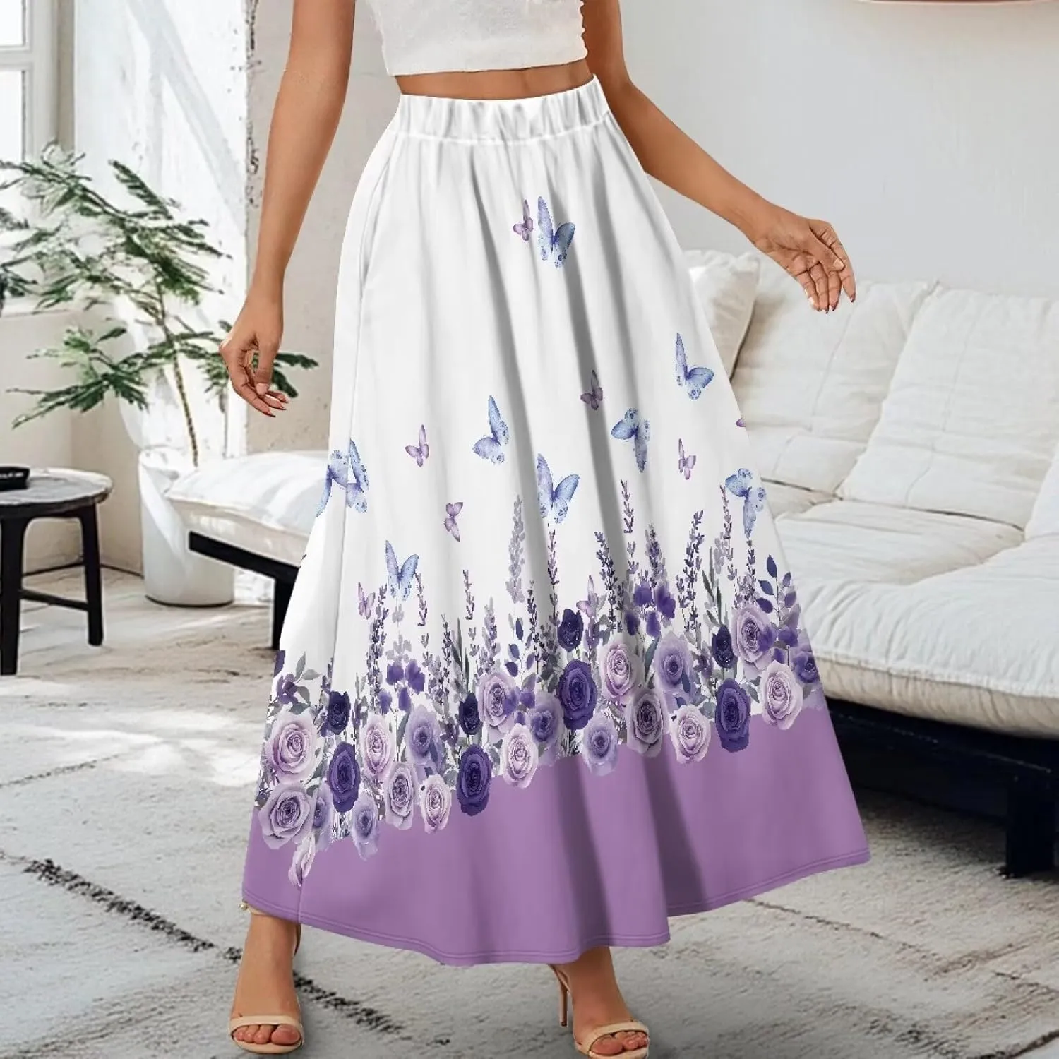 Long Maxi Skirt for Women Long Length High-Waist Midi Skirts with Pockets A-line Pleated Flare Skort Summer Clothes
