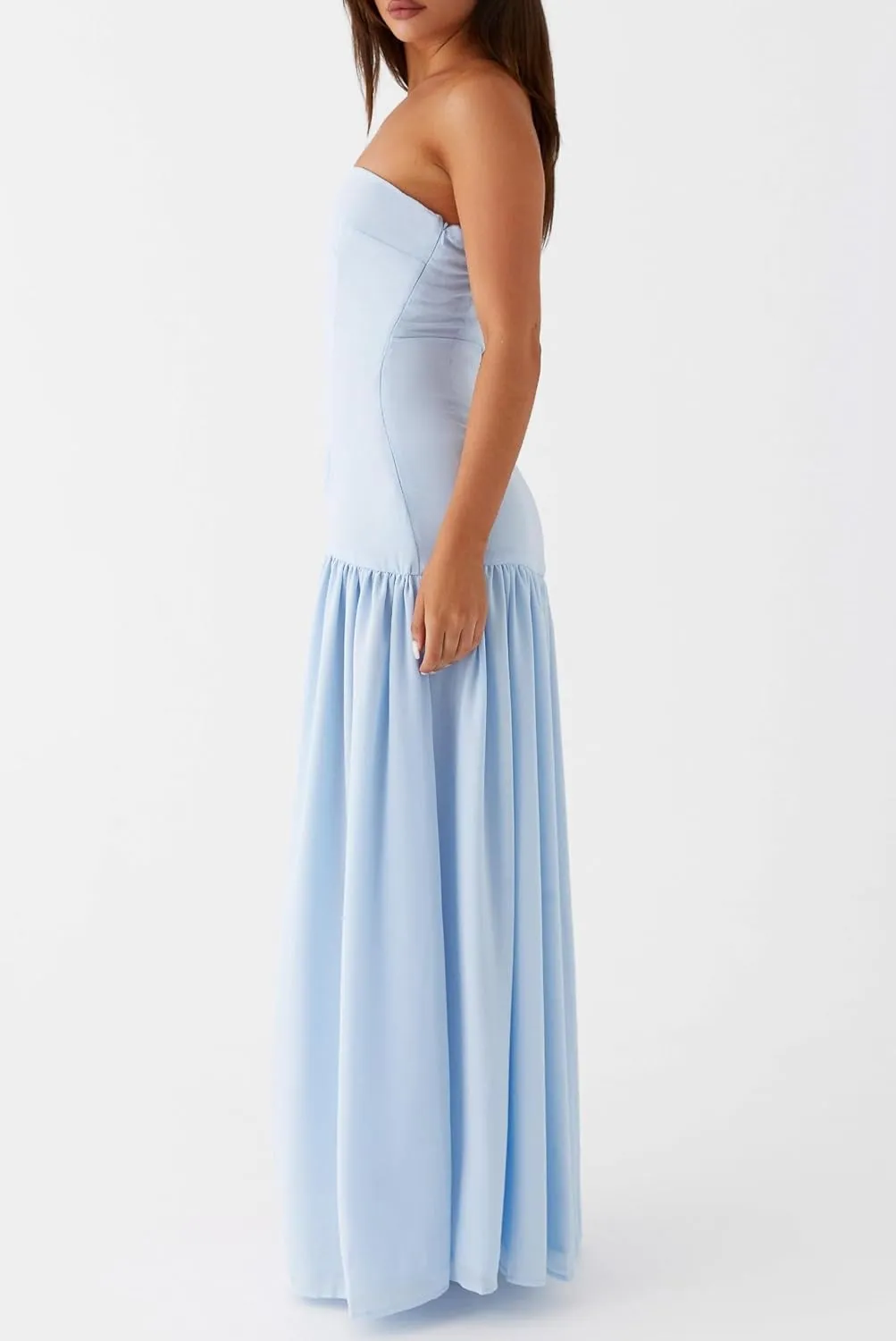 Luckinbaby Women Strapless Drop Waist Maxi Dress Y2k Long Floral Tube Dress Flowy A Line Off Shoulder Cocktail Dresses
