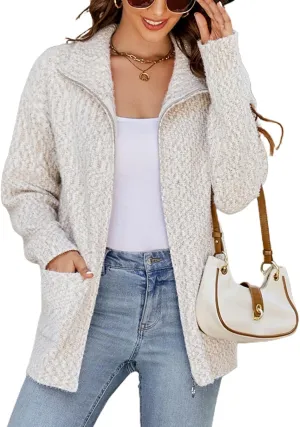 Lu's Chic Women's Long Sleeve Cardigan Sweater Fall Knit Thick High Neck Winter Zip Full Zip Spring Drop Shoulder
