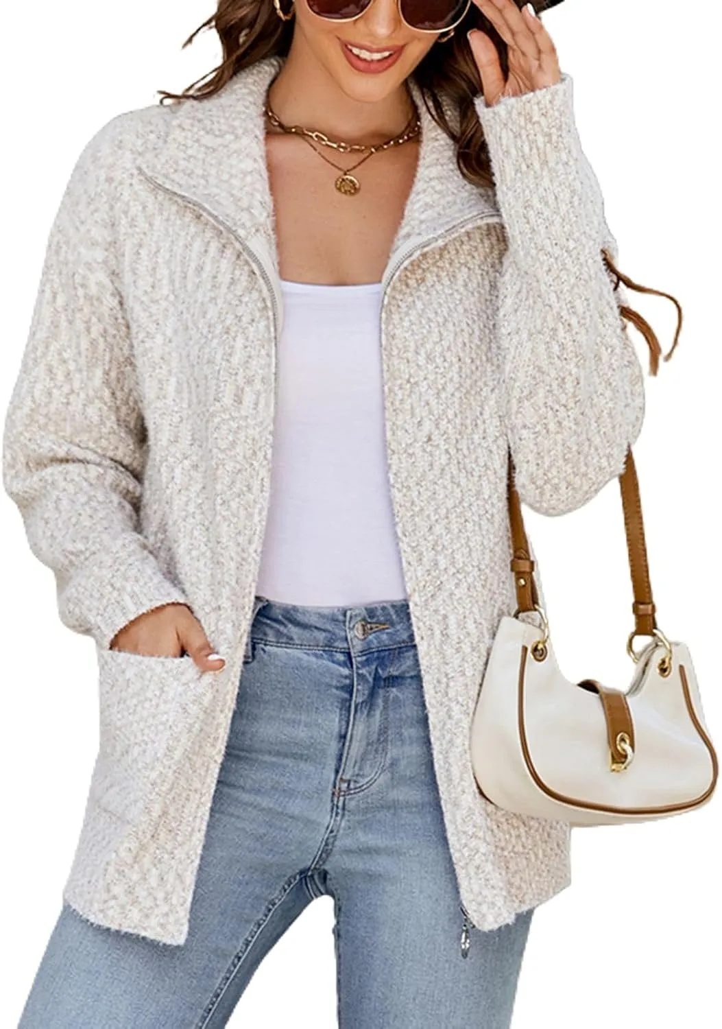 Lu's Chic Women's Long Sleeve Cardigan Sweater Fall Knit Thick High Neck Winter Zip Full Zip Spring Drop Shoulder