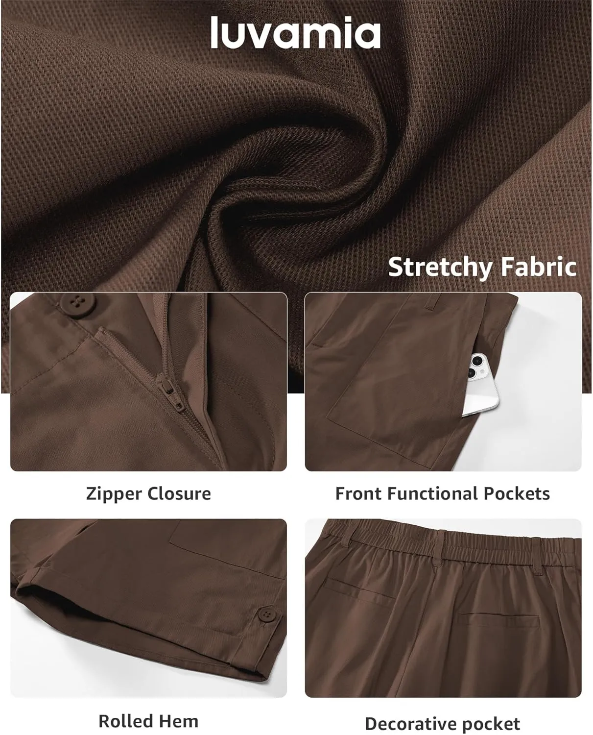luvamia Shorts for Women High Waisted Dressy Casual Summer Elastic Waist Comfy Rolled Hem Stretch Twill Pocket Shorts