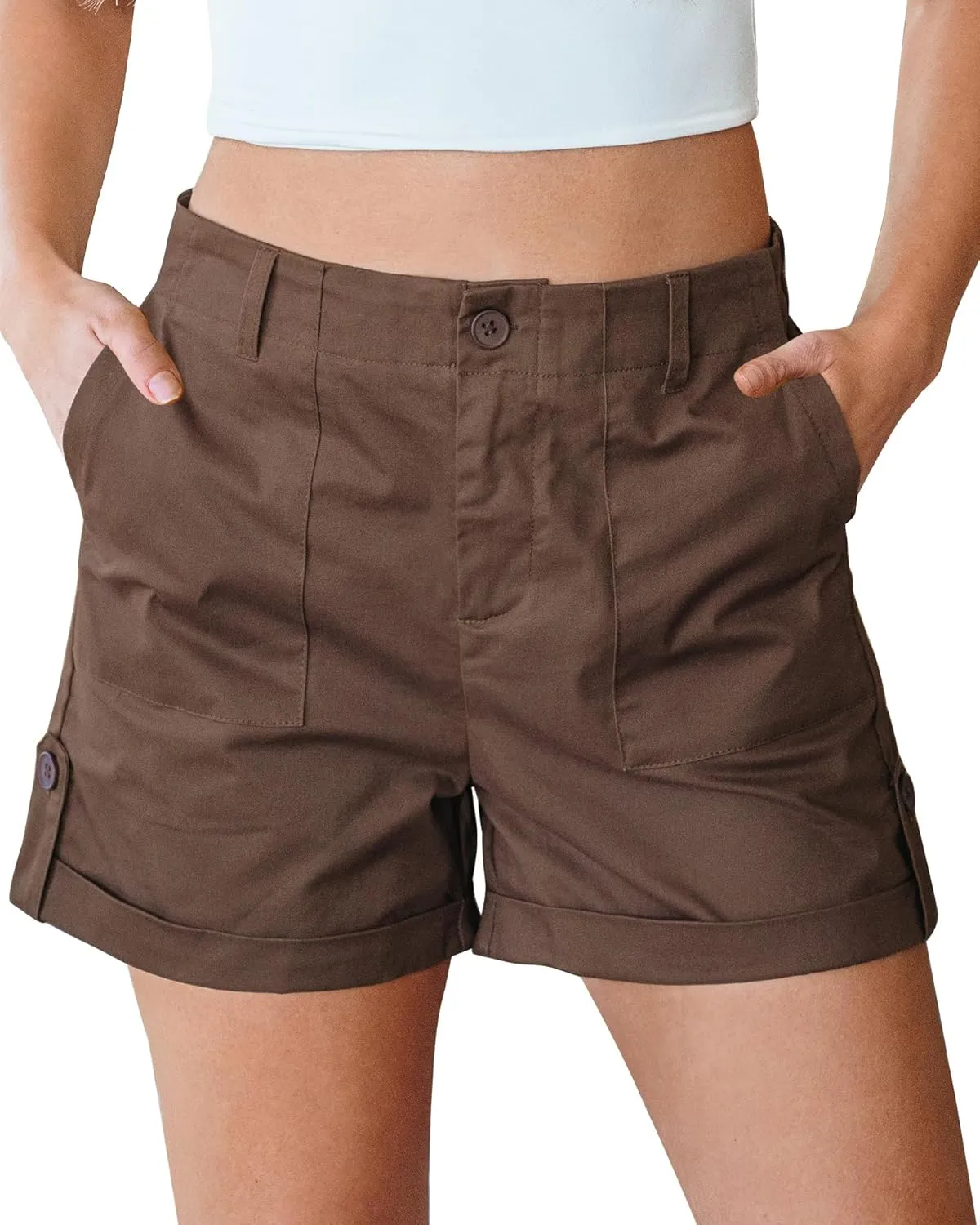 luvamia Shorts for Women High Waisted Dressy Casual Summer Elastic Waist Comfy Rolled Hem Stretch Twill Pocket Shorts