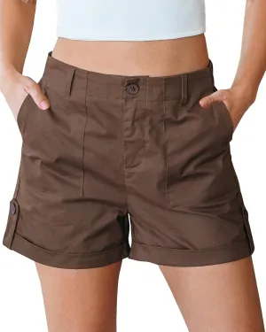 luvamia Shorts for Women High Waisted Dressy Casual Summer Elastic Waist Comfy Rolled Hem Stretch Twill Pocket Shorts