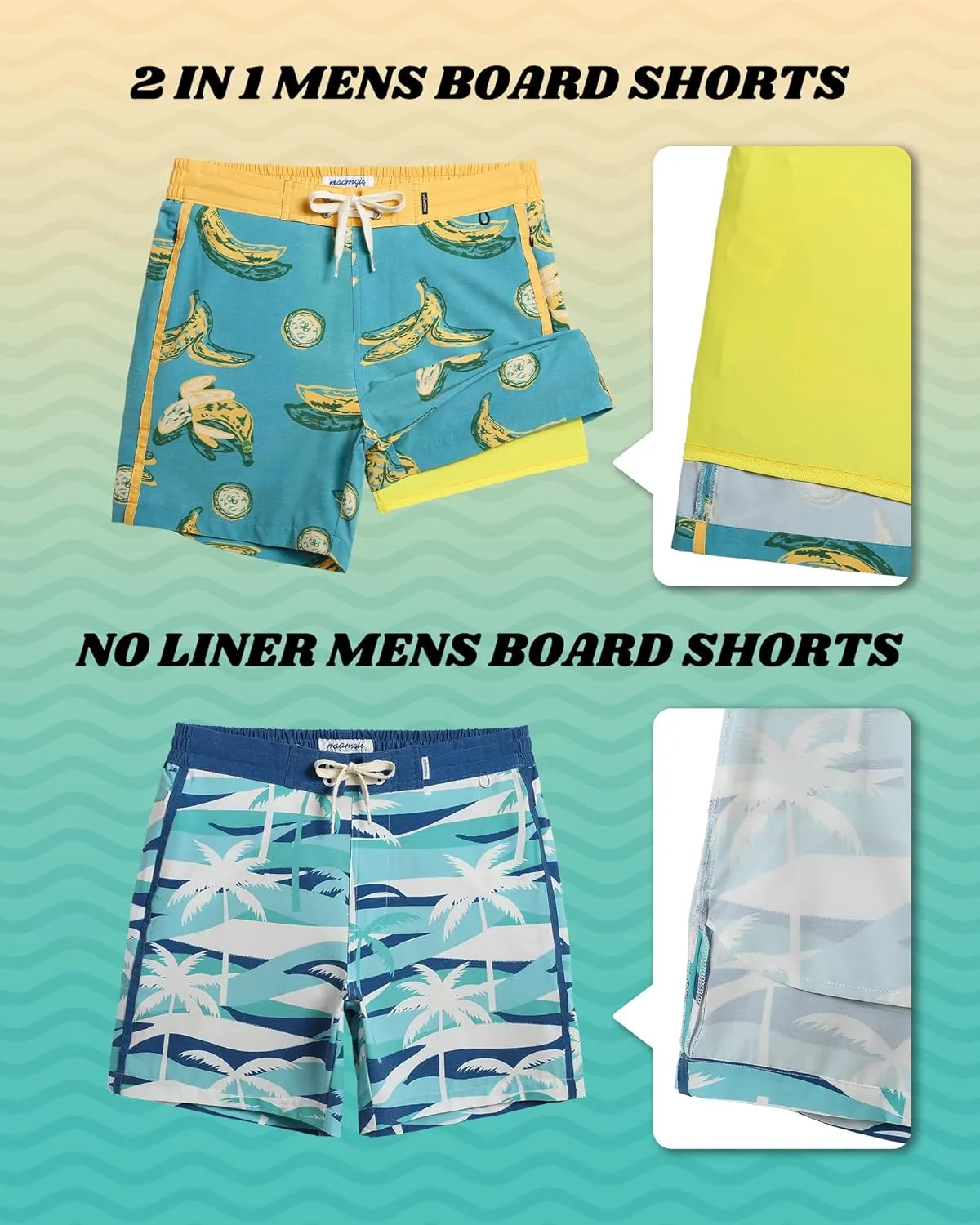 maamgic Men's Swim Trunks with Compression Liner Board Shorts Vintage Beach Shorts Quick Dry with Zipper Pockets