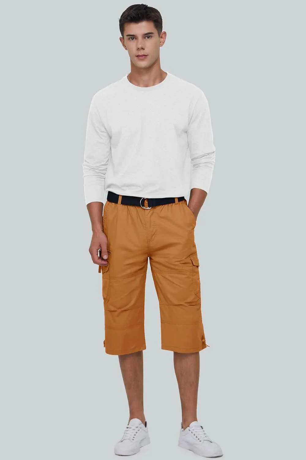 MAGCOMSEN Mens Cargo Shorts Long Capri Elastic Below The Knee 3/4 Cotton Casual Summer Shorts with Pockets