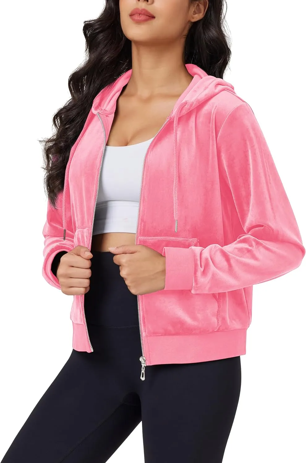 MAGCOMSEN Women's Velour Crop Hoodie Jacket Long Sleeve Zip Up Tops Soft Casual Velvet Jacket with Pockets