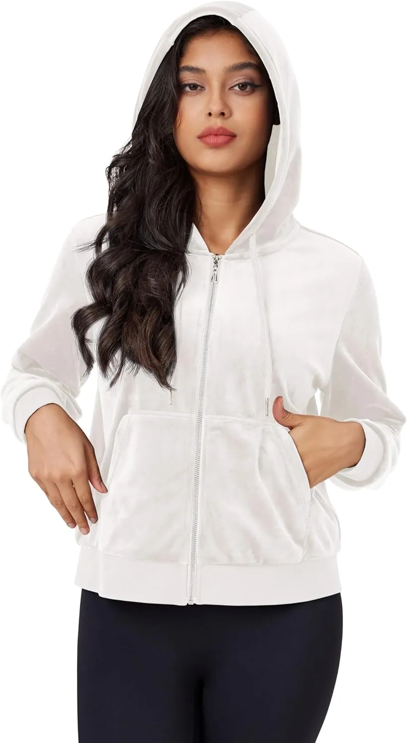 MAGCOMSEN Women's Velour Crop Hoodie Jacket Long Sleeve Zip Up Tops Soft Casual Velvet Jacket with Pockets