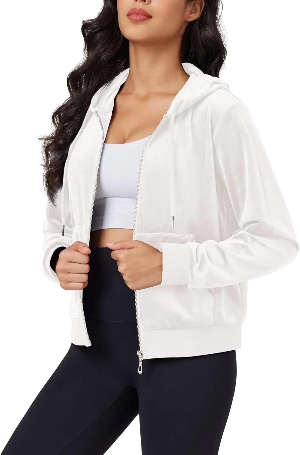 MAGCOMSEN Women's Velour Crop Hoodie Jacket Long Sleeve Zip Up Tops Soft Casual Velvet Jacket with Pockets