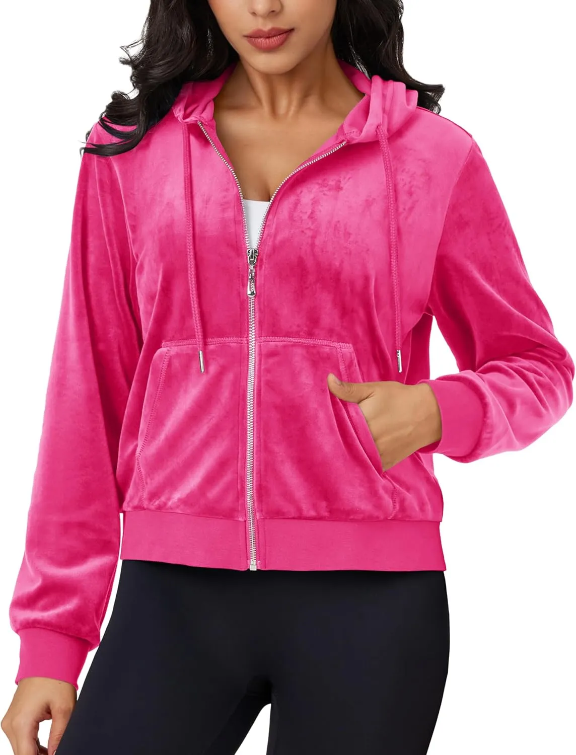 MAGCOMSEN Women's Velour Crop Hoodie Jacket Long Sleeve Zip Up Tops Soft Casual Velvet Jacket with Pockets