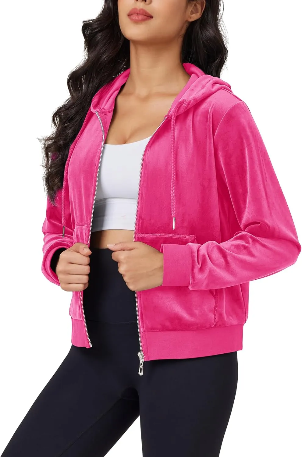MAGCOMSEN Women's Velour Crop Hoodie Jacket Long Sleeve Zip Up Tops Soft Casual Velvet Jacket with Pockets