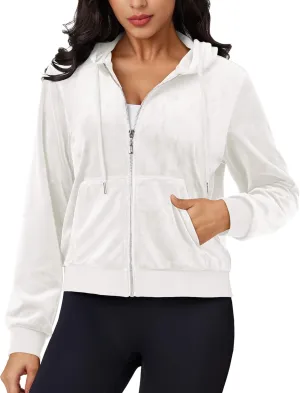 MAGCOMSEN Women's Velour Crop Hoodie Jacket Long Sleeve Zip Up Tops Soft Casual Velvet Jacket with Pockets