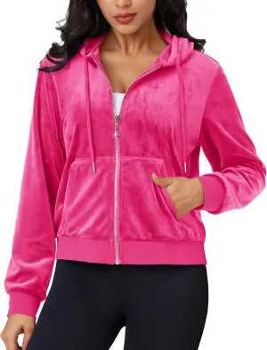 MAGCOMSEN Women's Velour Crop Hoodie Jacket Long Sleeve Zip Up Tops Soft Casual Velvet Jacket with Pockets