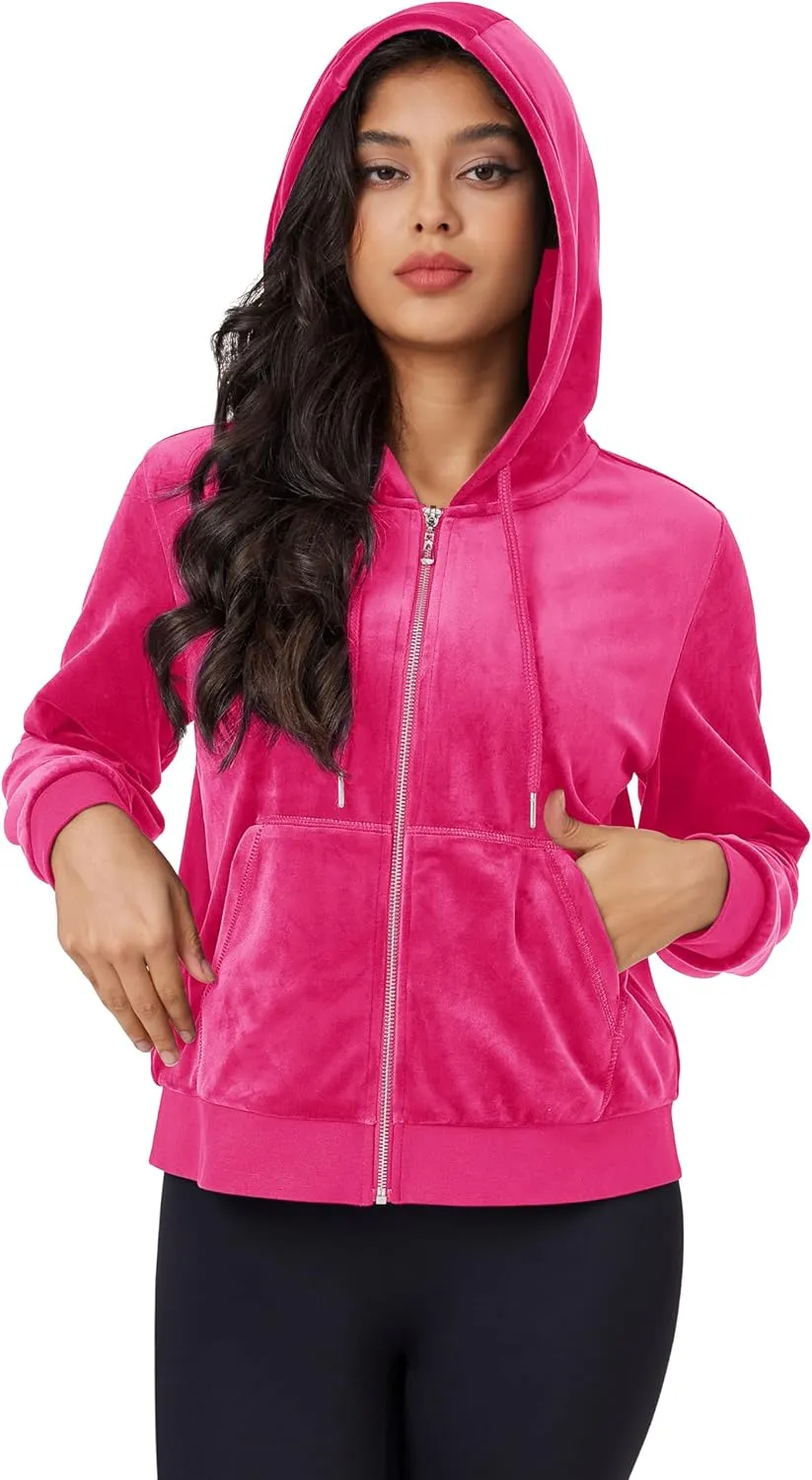 MAGCOMSEN Women's Velour Crop Hoodie Jacket Long Sleeve Zip Up Tops Soft Casual Velvet Jacket with Pockets