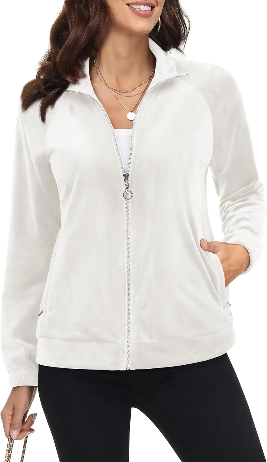 MAGCOMSEN Women's Velour Jackets Full Zip-up Fleece Jacket 2 Zipper Pockets Lightweight Soft Casual Winter Warm Coat