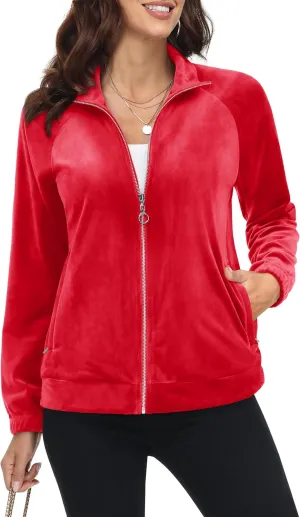 MAGCOMSEN Women's Velour Jackets Full Zip-up Fleece Jacket 2 Zipper Pockets Lightweight Soft Casual Winter Warm Coat