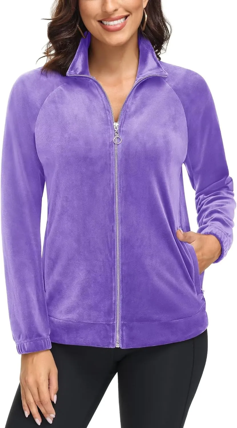 MAGCOMSEN Women's Velour Jackets Full Zip-up Fleece Jacket 2 Zipper Pockets Lightweight Soft Casual Winter Warm Coat
