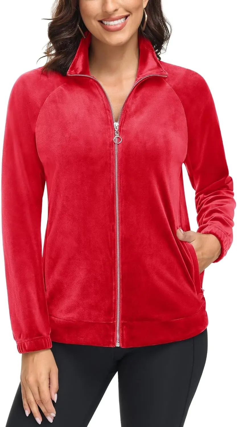 MAGCOMSEN Women's Velour Jackets Full Zip-up Fleece Jacket 2 Zipper Pockets Lightweight Soft Casual Winter Warm Coat