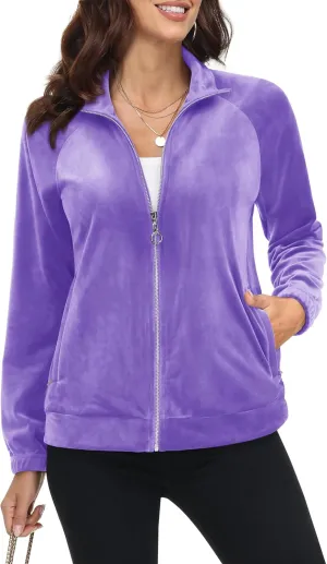 MAGCOMSEN Women's Velour Jackets Full Zip-up Fleece Jacket 2 Zipper Pockets Lightweight Soft Casual Winter Warm Coat