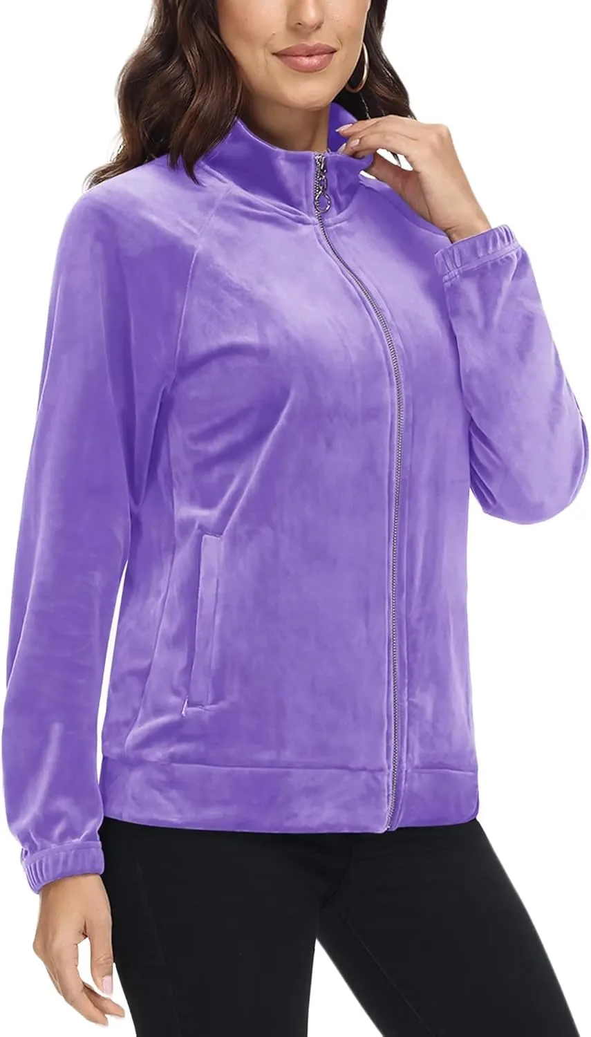 MAGCOMSEN Women's Velour Jackets Full Zip-up Fleece Jacket 2 Zipper Pockets Lightweight Soft Casual Winter Warm Coat
