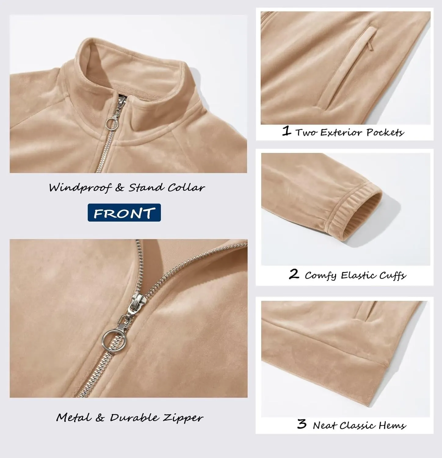 MAGCOMSEN Women's Velour Jackets Full Zip-up Fleece Jacket 2 Zipper Pockets Lightweight Soft Casual Winter Warm Coat