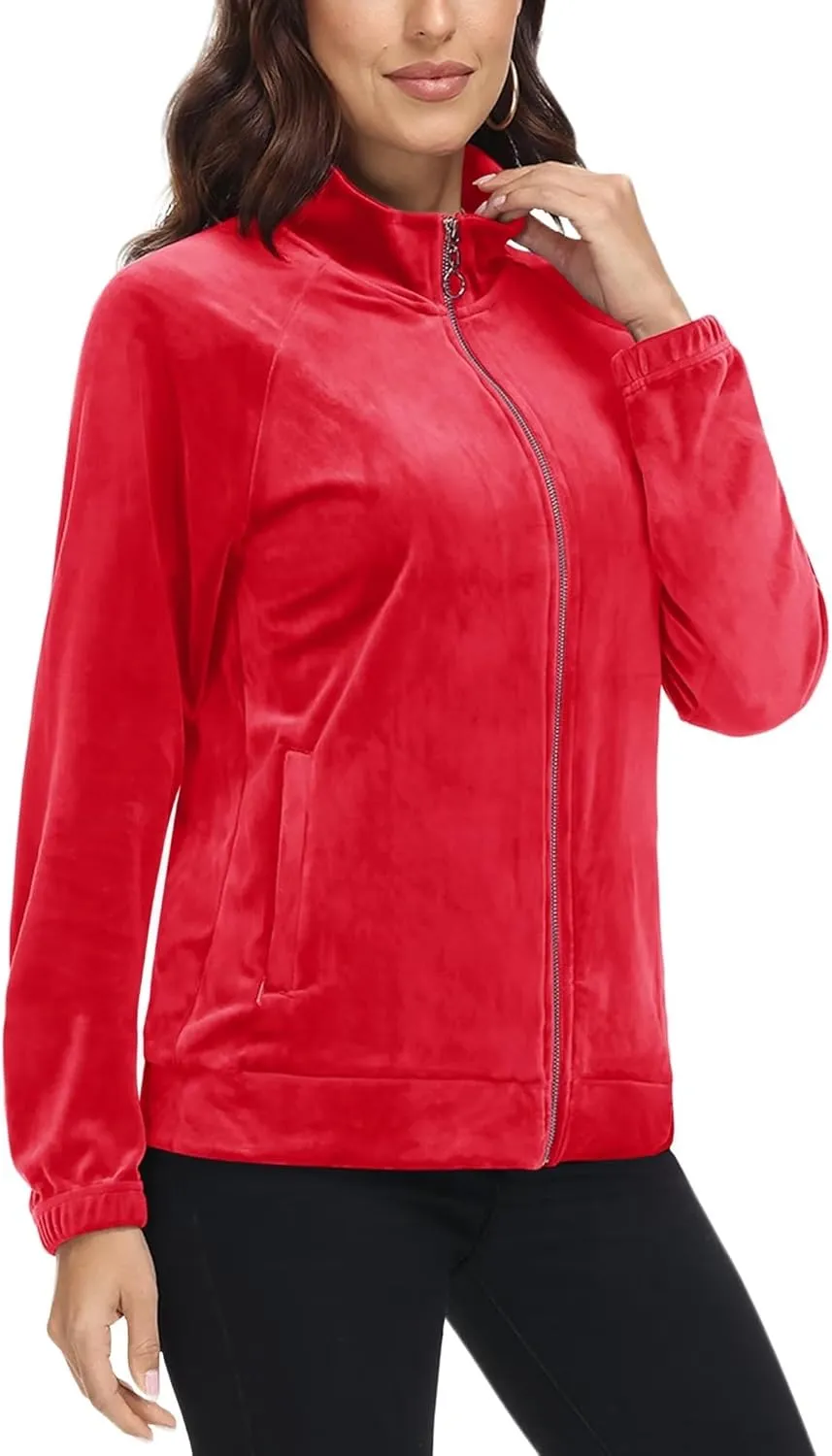 MAGCOMSEN Women's Velour Jackets Full Zip-up Fleece Jacket 2 Zipper Pockets Lightweight Soft Casual Winter Warm Coat
