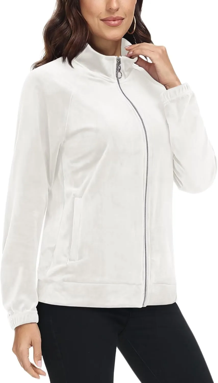 MAGCOMSEN Women's Velour Jackets Full Zip-up Fleece Jacket 2 Zipper Pockets Lightweight Soft Casual Winter Warm Coat
