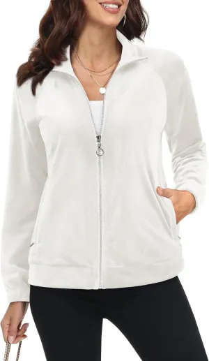 MAGCOMSEN Women's Velour Jackets Full Zip-up Fleece Jacket 2 Zipper Pockets Lightweight Soft Casual Winter Warm Coat